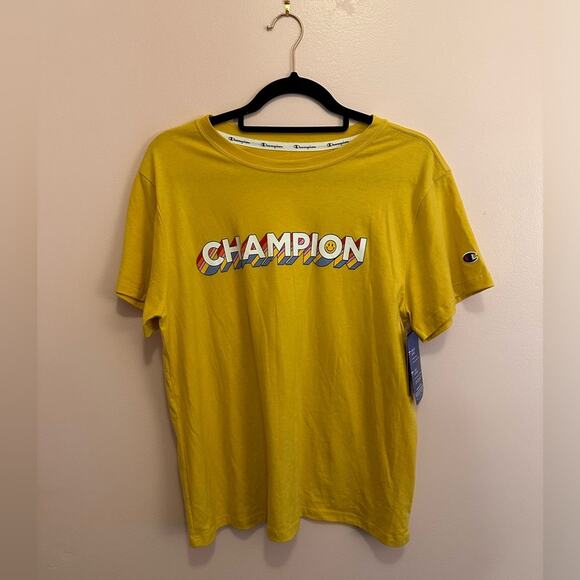Champion Women's Get Happy Logo Yellow Short Sleeve T-Shirt Large NWT - Picture 2 of 8